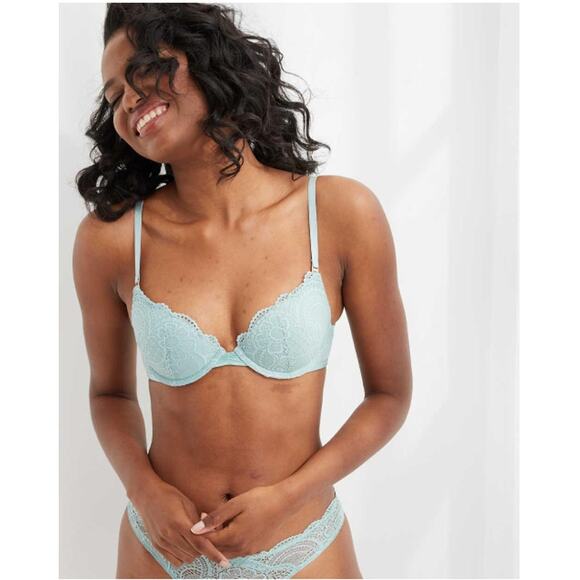 Aerie Real Power Dark Blue Plunge Push Up Slumber Party Lace Bra Size 36C - Picture 1 of 12